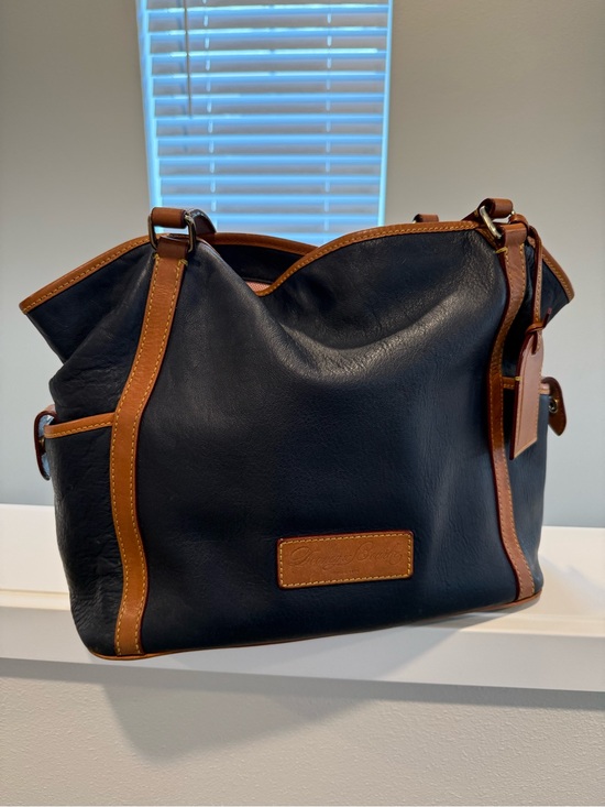 Dooney & Bourke Handbags - REHAB Dooney & Bourke Navy Leather Shoulder Bag with Tan Trim and Accents
